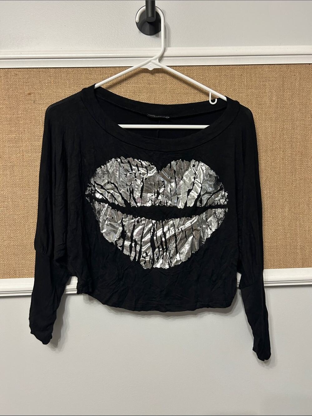Body Central Black Long-Sleeve Crop Top with Silver Foil Heart Lips